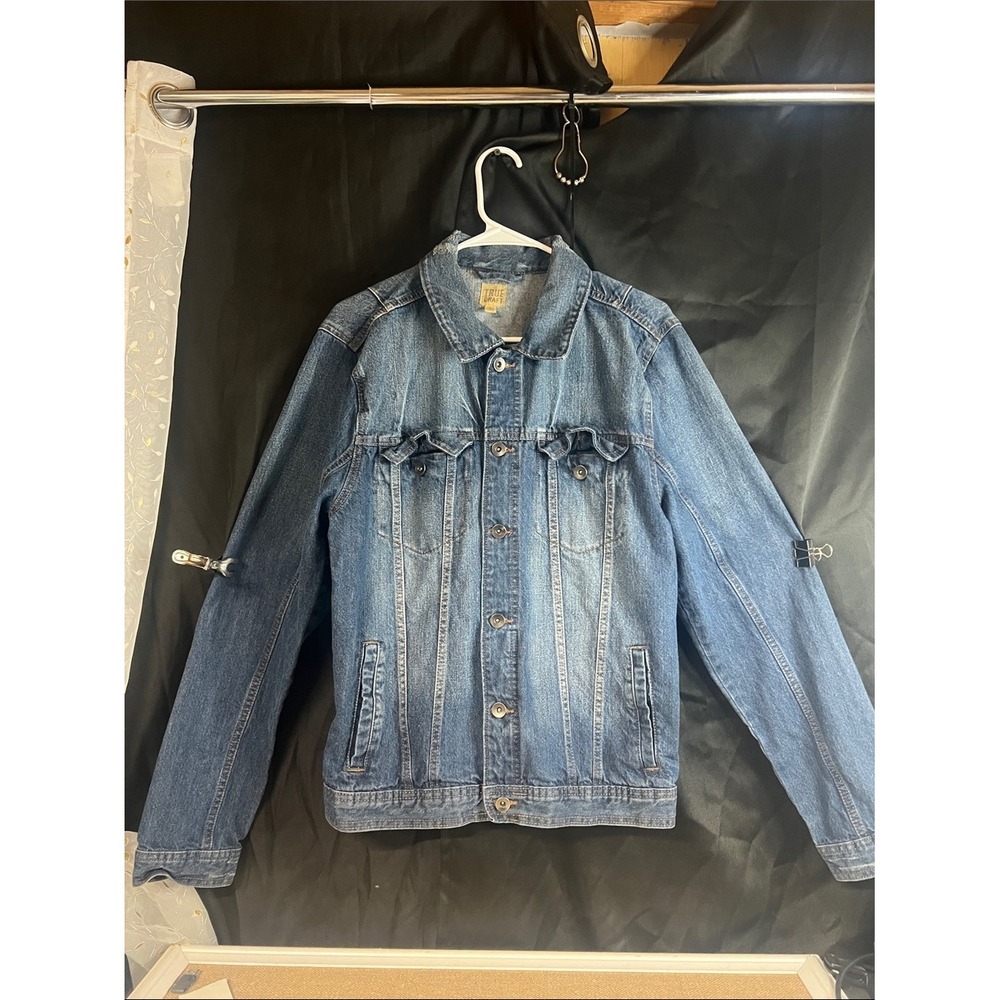 True Craft Mens Blue Denim Lightweight Distressed‎ Trucker Jacket L